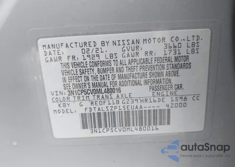 2021 Nissan Kicks Sv Xtronic Cvt from USA, damaged, VIN 3N1CP5CV0ML480016